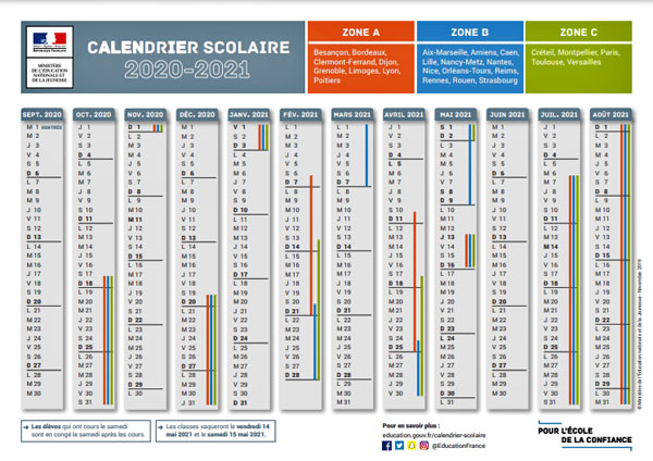 calendrier Education nationale 2020 - 2021